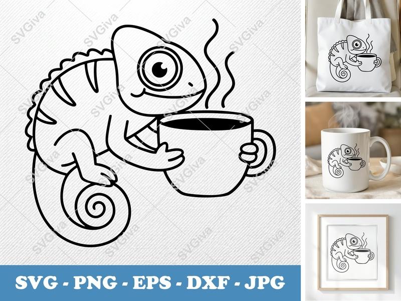 Chameleon SVG | Coffee Lover Lizard Art | Modern Cartoon | PNG EPS DXF for Cricut Silhouette