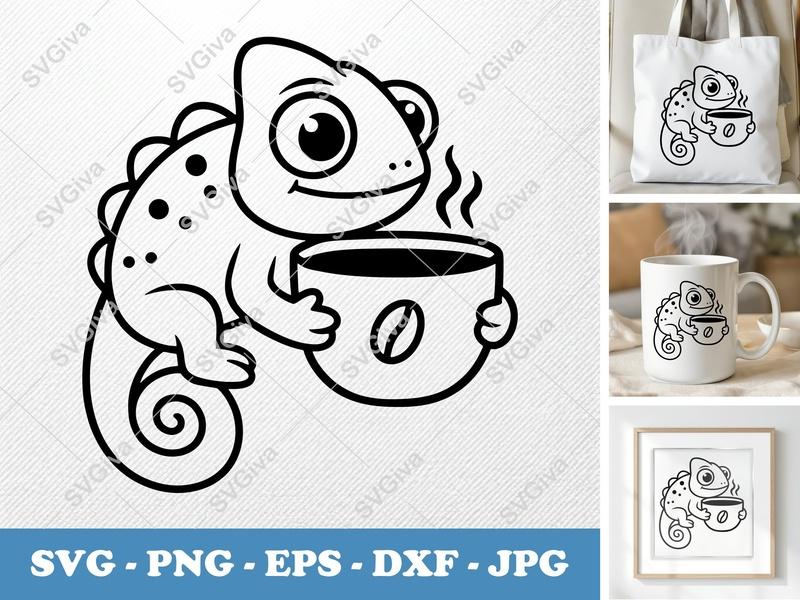 Chameleon SVG | Coffee Lover Lizard Cut File | Cute Animal PNG, EPS, DXF for Cricut & Silhouette