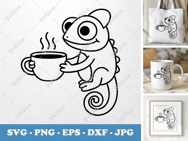 Chameleon SVG Coffee Lover | Modern Clean Line Art | PNG EPS DXF | Cricut Silhouette File