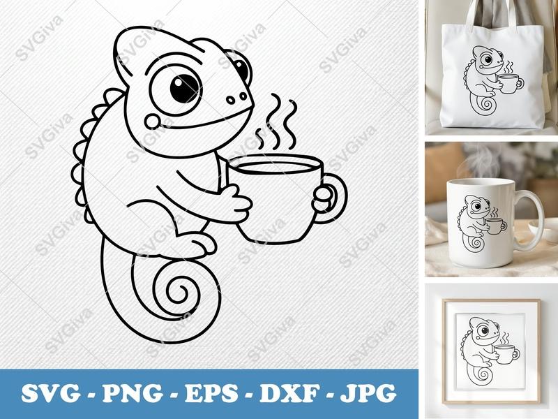 Chameleon SVG | Coffee Mug Drinker | Cute Cartoon Line Art | PNG EPS DXF | Cricut Silhouette File