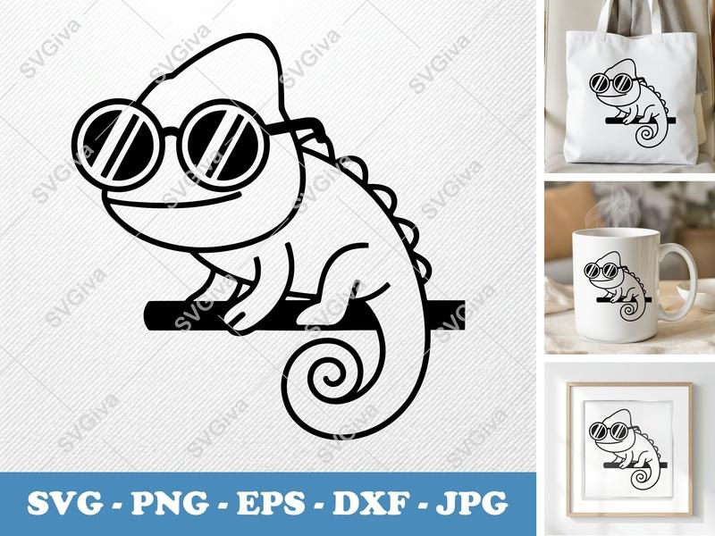 Chameleon SVG | Cool Sunglasses Reptile Cut File | Modern Lizard PNG EPS DXF for Cricut & Silhouette