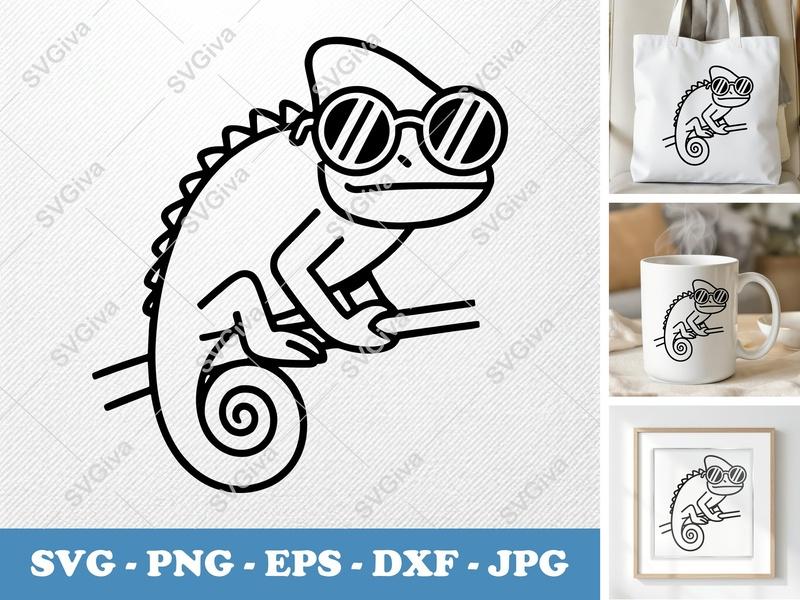Chameleon SVG | Cool Sunglasses Reptile | Modern Outline Design | PNG EPS DXF for Cricut & Silhouette