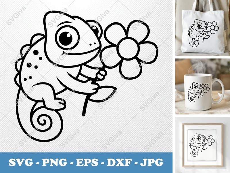 Chameleon SVG | Cute Cartoon Chameleon with Flower SVG | PNG EPS DXF for Cricut & Silhouette, Reptile Clipart