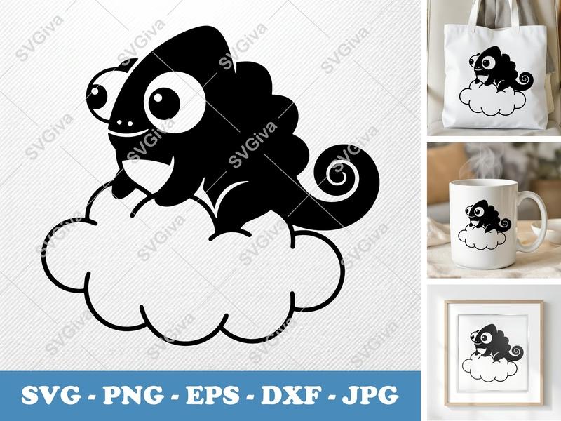 Chameleon SVG | Cute Cartoon Lizard on Cloud | Animal Cut File for Cricut, Silhouette | PNG EPS DXF Vector