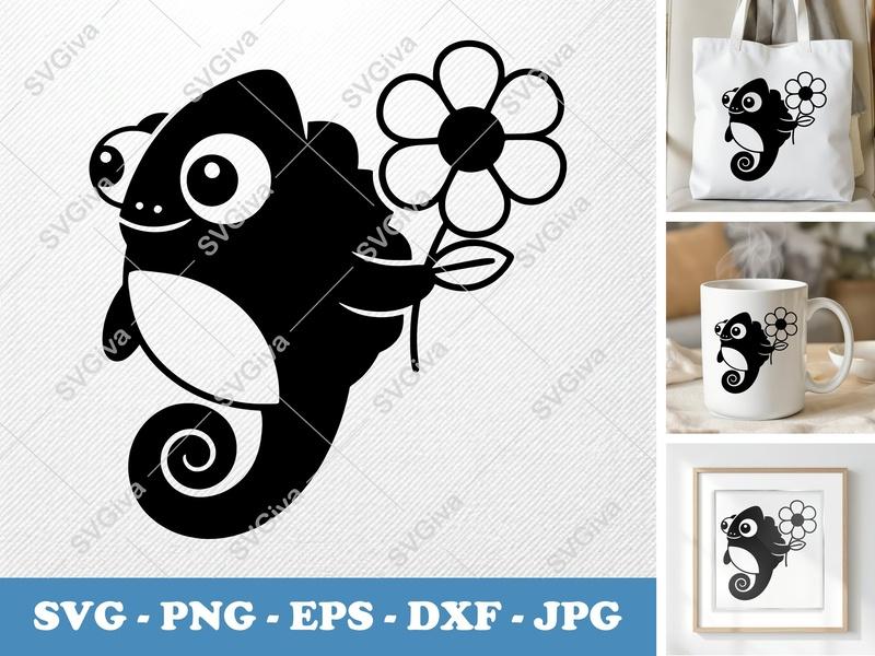 Chameleon SVG | Cute Cartoon Lizard with Flower | Digital Cut File for Cricut, Silhouette | PNG EPS DXF Vector