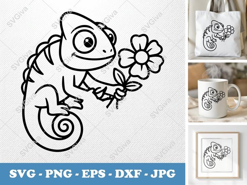 Chameleon SVG | Cute Cartoon Lizard with Flower | PNG EPS DXF | Cricut Silhouette Cut File