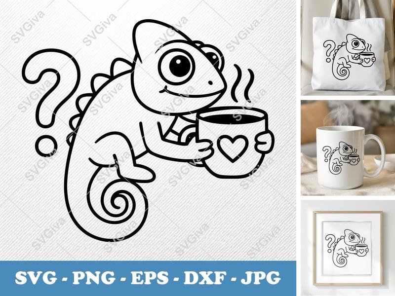 Chameleon SVG | Cute Coffee Mug | Question Mark Tail | Line Art PNG EPS DXF for Cricut Silhouette