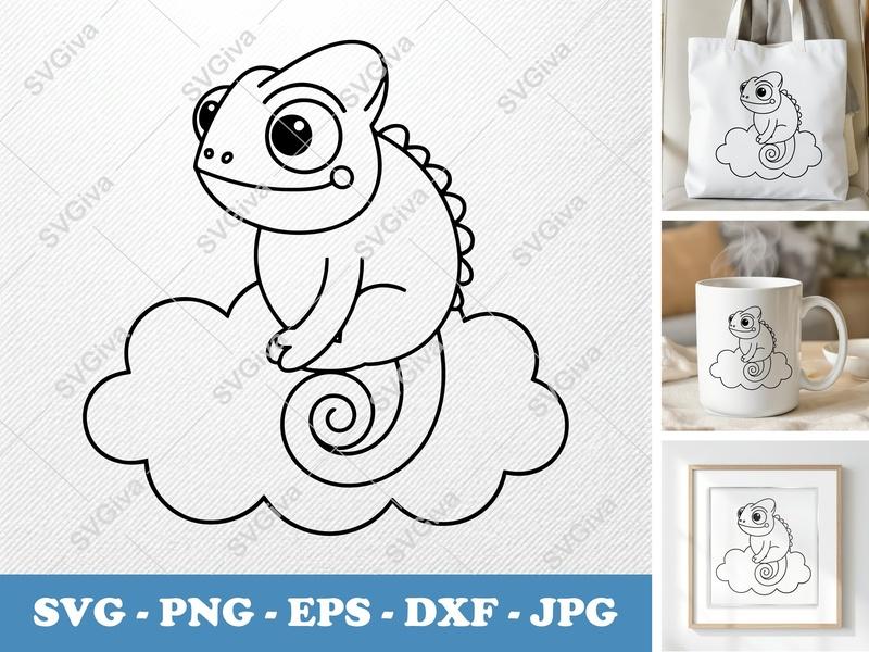 Chameleon SVG | Cute Lizard on Cloud Clipart | Animal Vector | PNG EPS DXF for Cricut, Silhouette