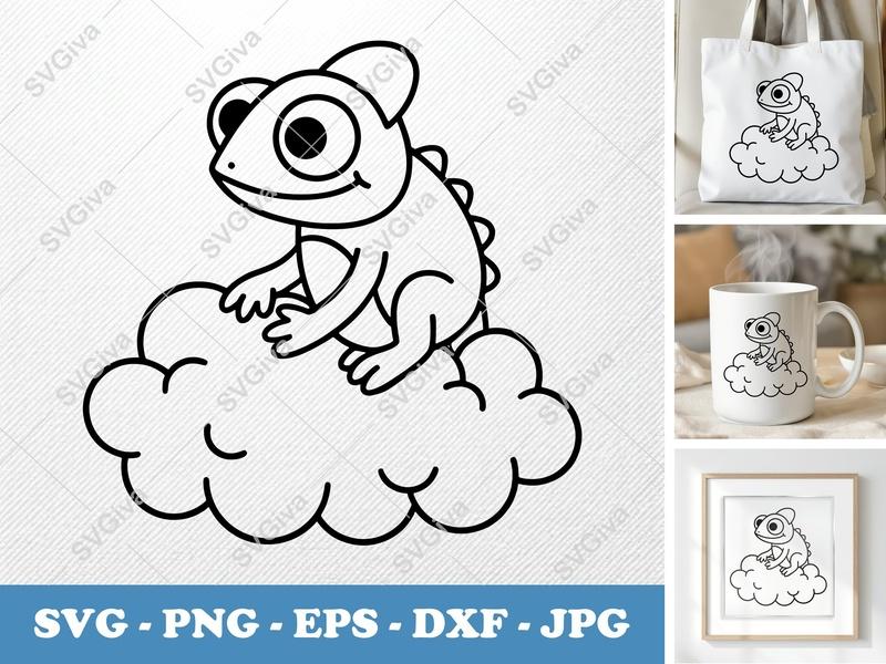 Chameleon SVG | Cute Lizard on Cloud Cut File | Cartoon Reptile PNG EPS DXF for Cricut Silhouette