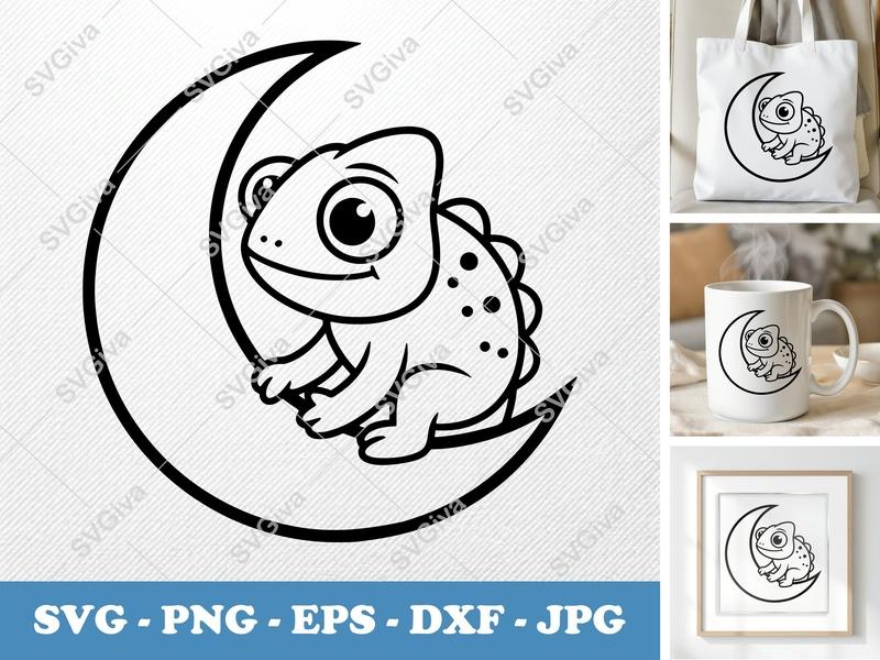 Chameleon SVG | Cute Lizard on Moon | Animal Cut File for Cricut, Silhouette | PNG EPS DXF Vector