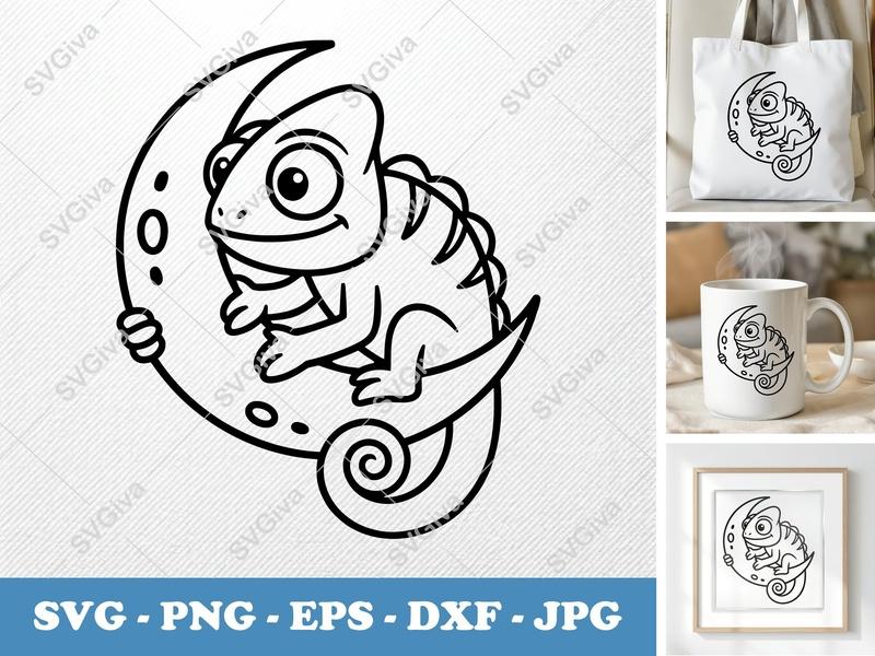 Chameleon SVG | Cute Lizard on Moon Cut File | Modern Reptile Clipart | PNG EPS DXF for Cricut, Silhouette