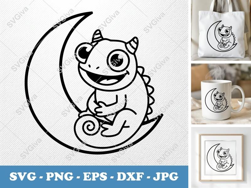 Chameleon SVG | Cute Lizard on Moon | Modern Reptile Animal Design | PNG EPS DXF for Cricut Silhouette