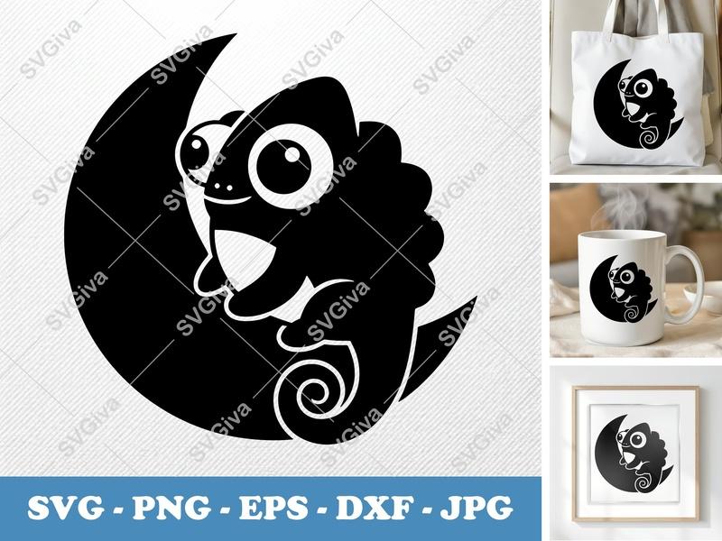 Chameleon SVG | Cute Lizard on Moon | Modern Reptile Animal Design | PNG EPS DXF for Cricut, Silhouette