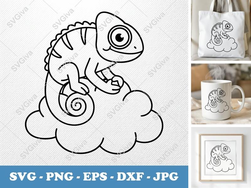 Chameleon SVG | Cute Lizard Outline on Cloud | Modern Animal Cut File for Cricut, Silhouette | PNG EPS DXF Vector