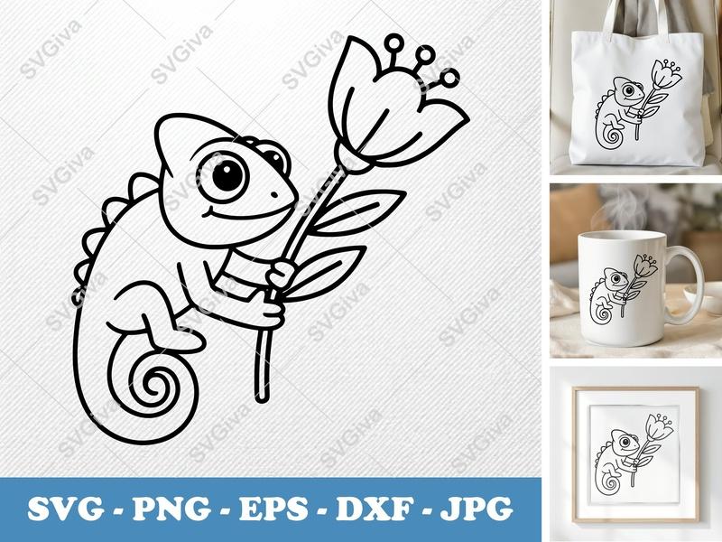 Chameleon SVG | Cute Lizard with Flower | Cartoon Animal PNG, EPS, DXF for Cricut & Silhouette, Kids Craft