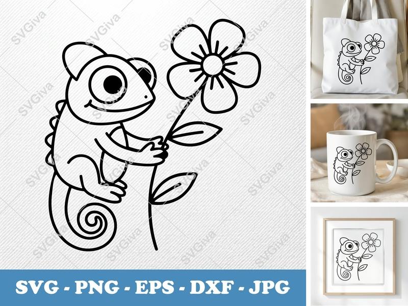 Chameleon SVG | Cute Lizard with Flower Cut File | PNG EPS DXF for Cricut & Silhouette | Modern Reptile Clipart