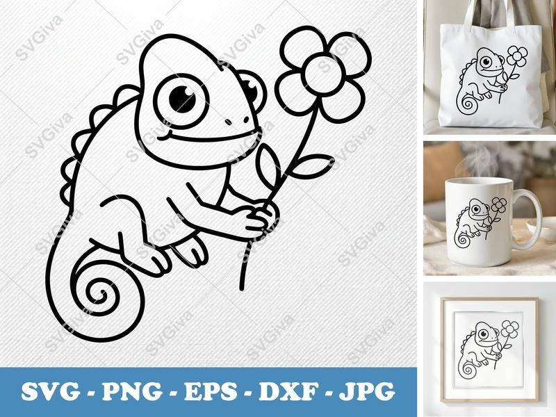 Chameleon SVG | Cute Lizard with Flower | Digital Cut File for Cricut & Silhouette | PNG EPS DXF Vector Art