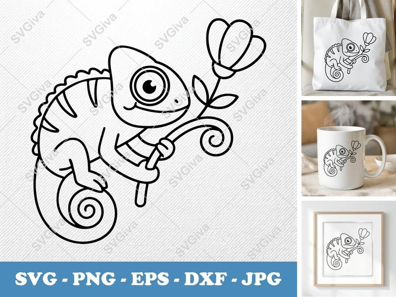 Chameleon SVG | Cute Lizard with Flower | Line Art, Modern Design | PNG EPS DXF for Cricut & Silhouette