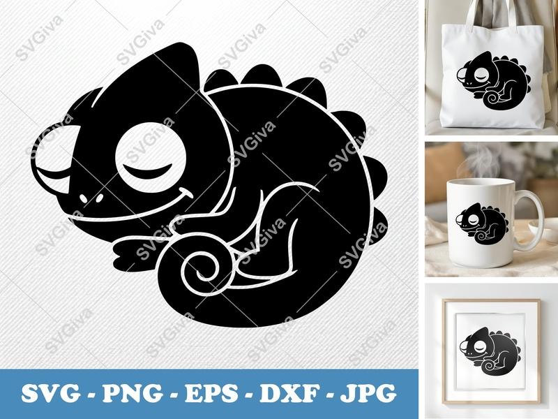 Chameleon SVG | Cute Sleeping Lizard Cut File | Kawaii Reptile Design | PNG EPS DXF for Cricut Silhouette