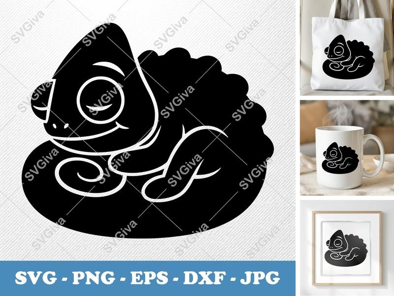 Chameleon SVG | Cute Sleeping Lizard Outline | PNG EPS DXF | Cricut Silhouette File | Reptile Cuttable Design