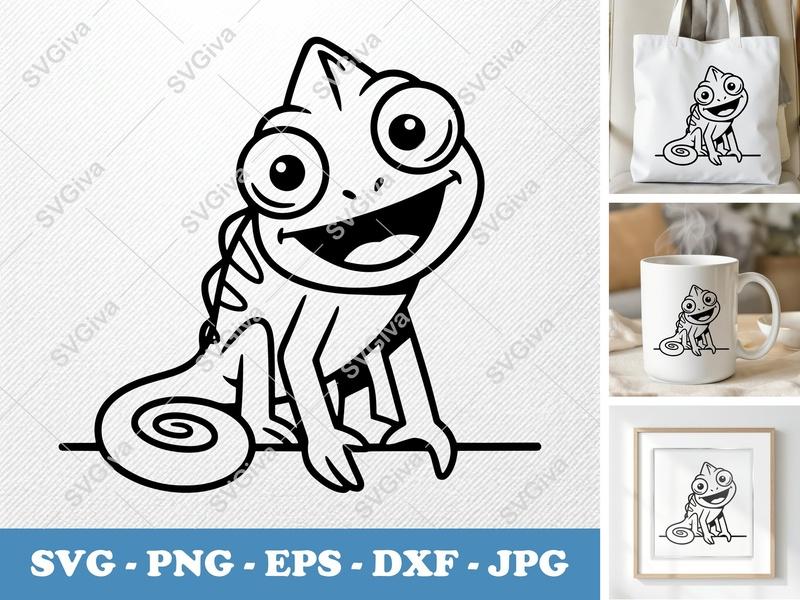 Chameleon SVG | Happy Cartoon Chameleon Cut File | PNG EPS DXF for Cricut & Silhouette | Reptile Animal Outline