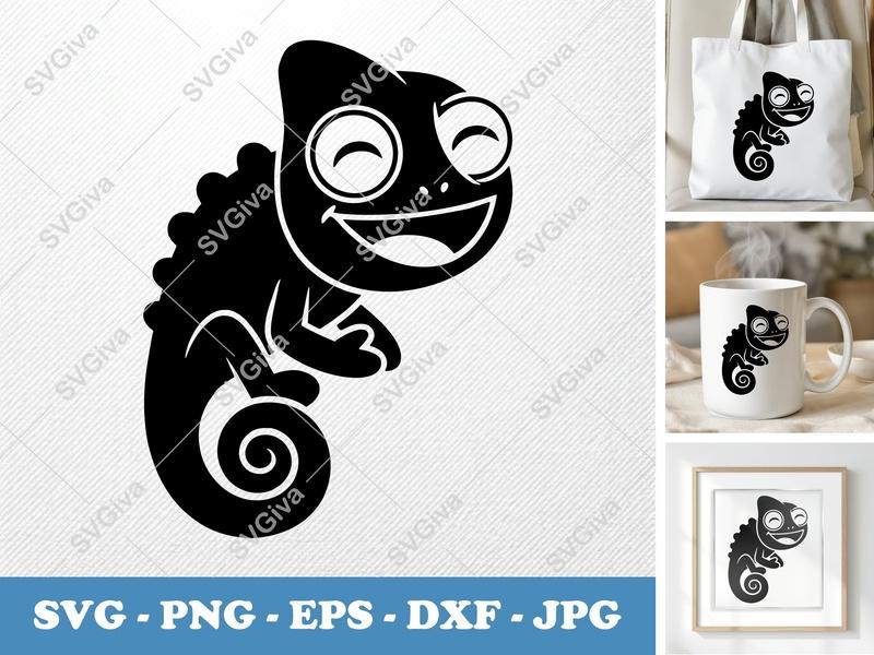 Chameleon SVG | Happy Lizard Cut File | Modern Animal Design for Cricut, Silhouette | PNG, EPS, DXF Included