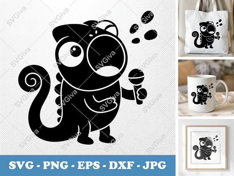 Chameleon SVG, Modern Singing Chameleon with Microphone | PNG, EPS, DXF | Cricut & Silhouette Cut File