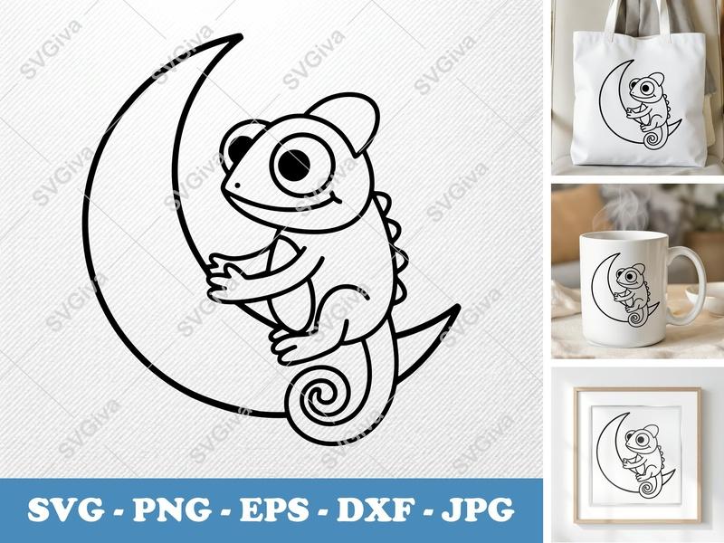 Chameleon SVG on Moon | Cute Lizard Clip Art | PNG EPS DXF | Cricut Silhouette File