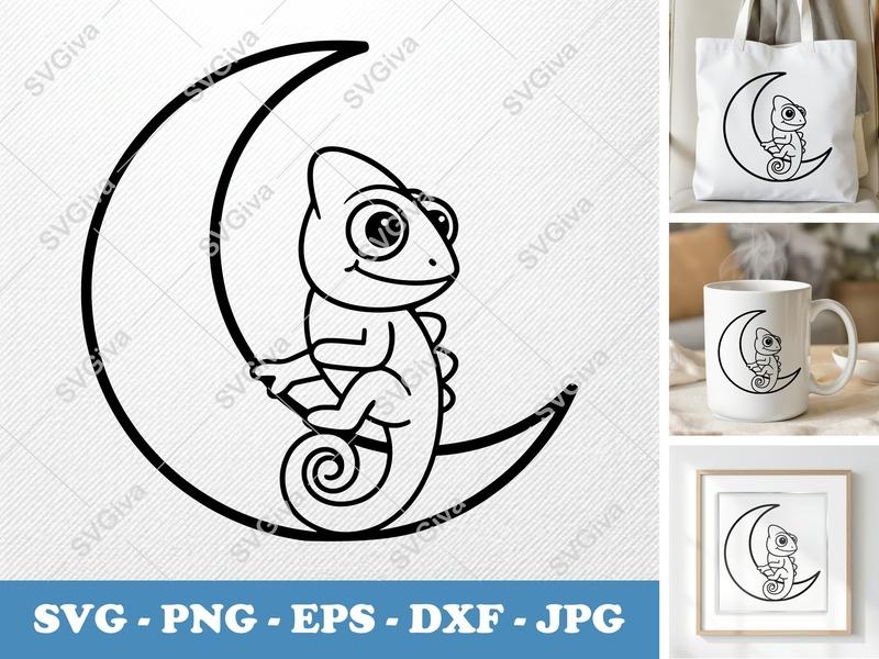 Chameleon SVG on Moon | Cute Lizard Cut File | Baby Nursery Decor | PNG EPS DXF for Cricut, Silhouette