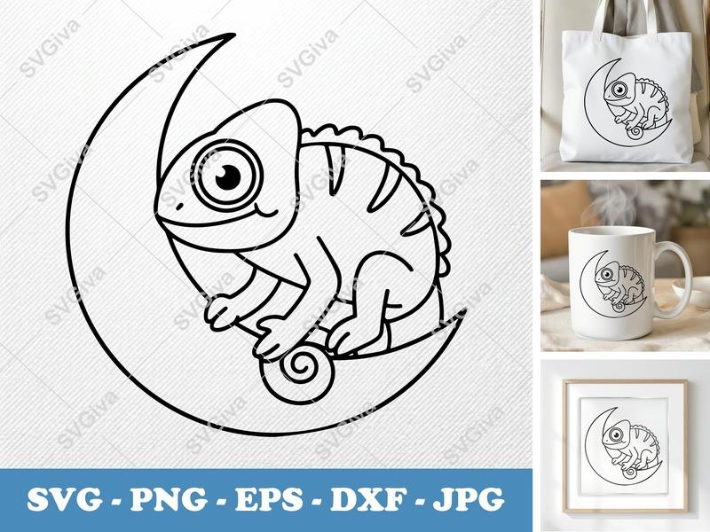 Chameleon SVG on Moon | Cute Lizard Cut File | Kawaii Reptile PNG EPS DXF for Cricut, Silhouette