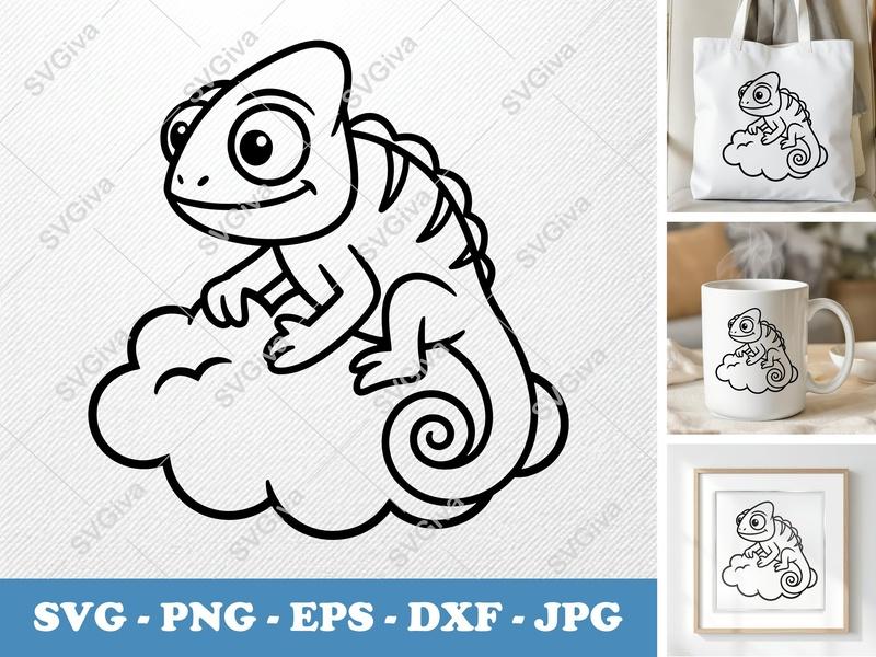 Chameleon SVG perched on cloud | Cute Cartoon Lizard Cut File | PNG EPS DXF for Cricut & Silhouette