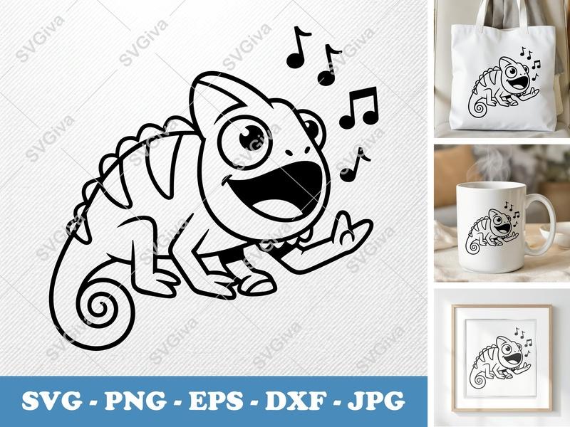 Chameleon SVG | Singing Cartoon Lizard Cut File | Music Notes PNG EPS DXF for Cricut & Silhouette