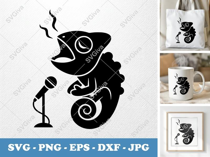 Chameleon SVG, Singing Lizard Microphone Cut File | PNG EPS DXF for Cricut, Silhouette, Shirt Design, Music Lover Gift