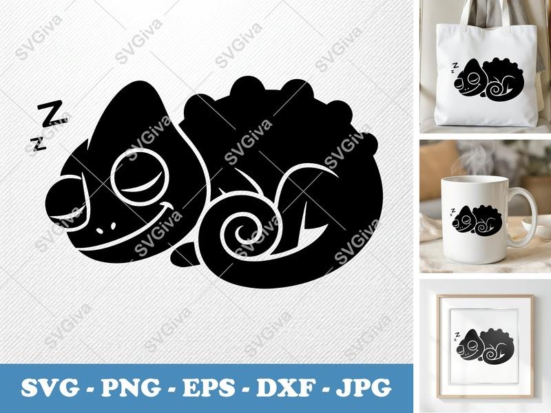 Chameleon SVG Sleeping | Cute Lizard Cut File | Kawaii Reptile Design for Cricut, Silhouette | PNG EPS DXF | Modern Animal