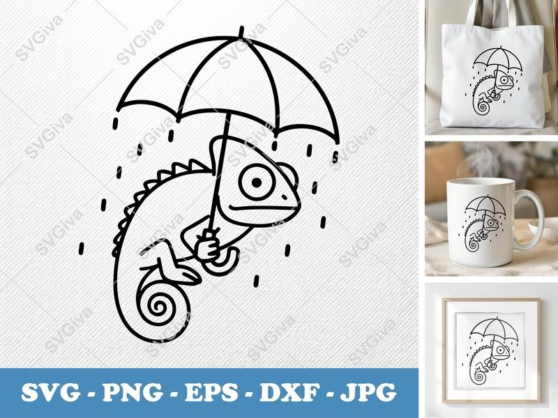 Chameleon SVG | Umbrella Rain Cut File | Modern Line Art Design | PNG EPS DXF for Cricut Silhouette
