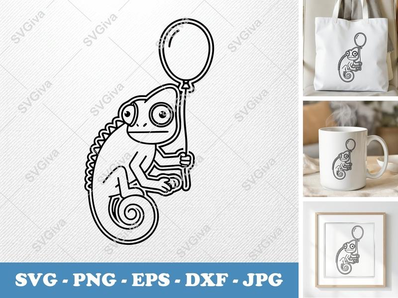Chameleon SVG with Balloon | Modern Outline Cut File | PNG EPS DXF for Cricut Silhouette
