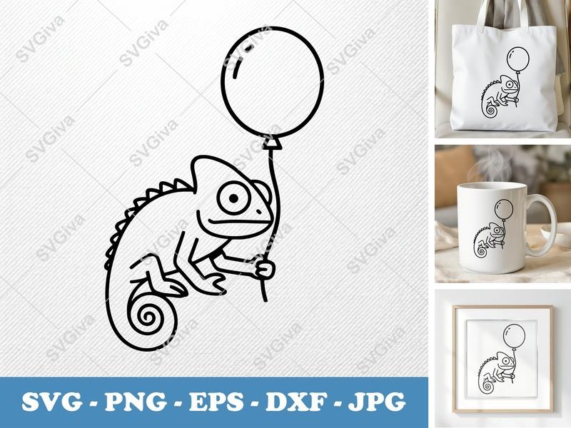 Chameleon SVG with Balloon | Outline Cut File for Cricut | Modern Animal PNG EPS DXF | Silhouette Design