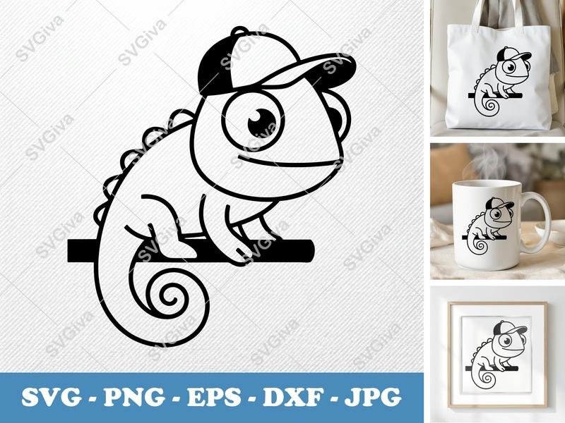 Chameleon SVG with Baseball Cap, Lizard Cut File, Reptile Clipart | PNG EPS DXF for Cricut & Silhouette