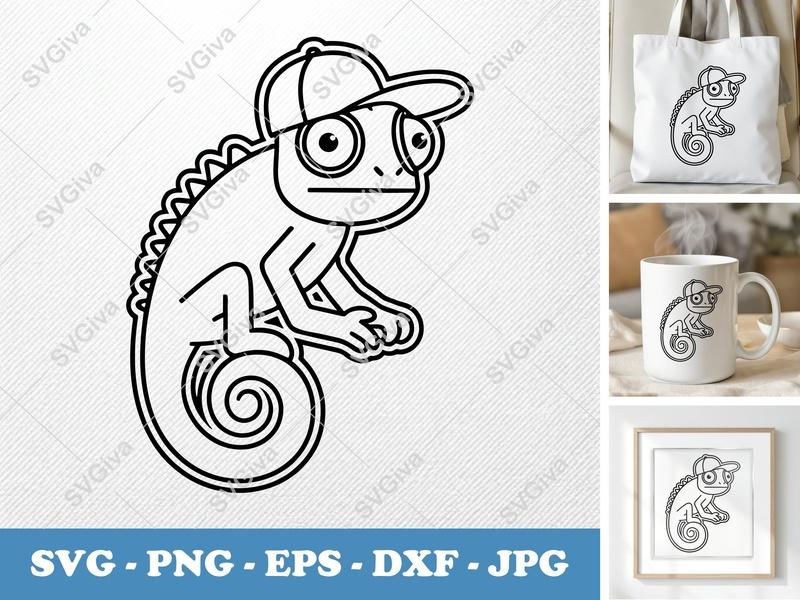 Chameleon SVG with Cap | Cool Lizard Vector | Modern Outline Design | PNG EPS DXF for Cricut Silhouette