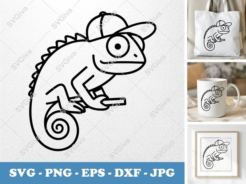 Chameleon SVG with Hat | Modern Line Art Cut File | PNG EPS DXF for Cricut, Silhouette