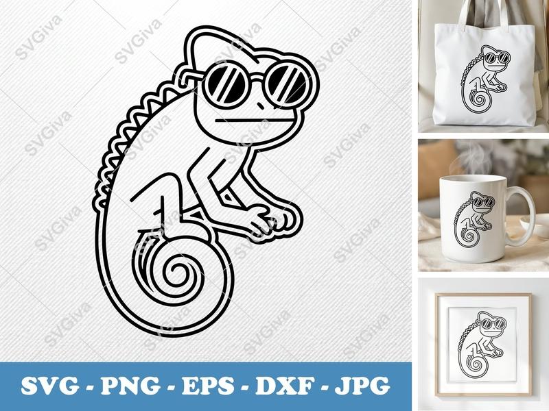 Chameleon SVG with Sunglasses | Modern Outline Design | PNG, EPS, DXF | Cricut & Silhouette Cut File