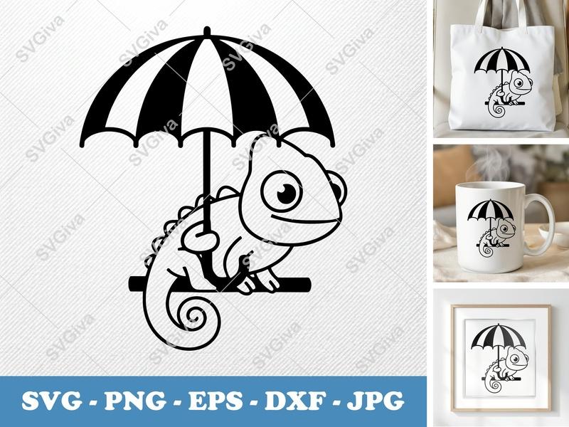 Chameleon SVG with Umbrella | Cute Lizard Cut File | Modern Animal Line Art | PNG EPS DXF for Cricut Silhouette