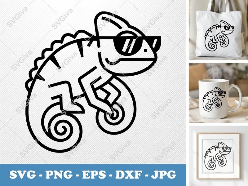 Chameleon wearing sunglasses SVG | Minimalist Double-Outline Design | Thick Contour, Thin Lines | PNG DXF EPS for Cricut Silhouette