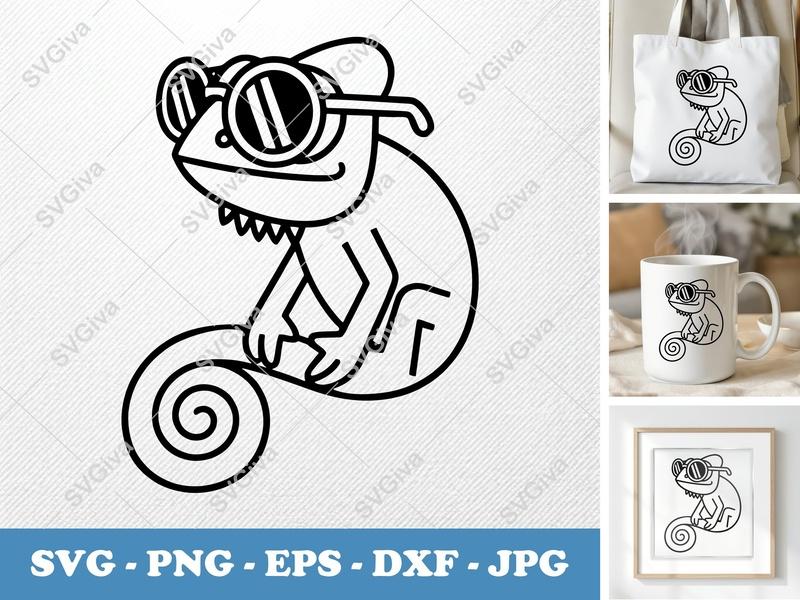 Chameleon Wearing Sunglasses SVG | Minimalist Line Art Cut File | PNG DXF EPS for Cricut & Silhouette