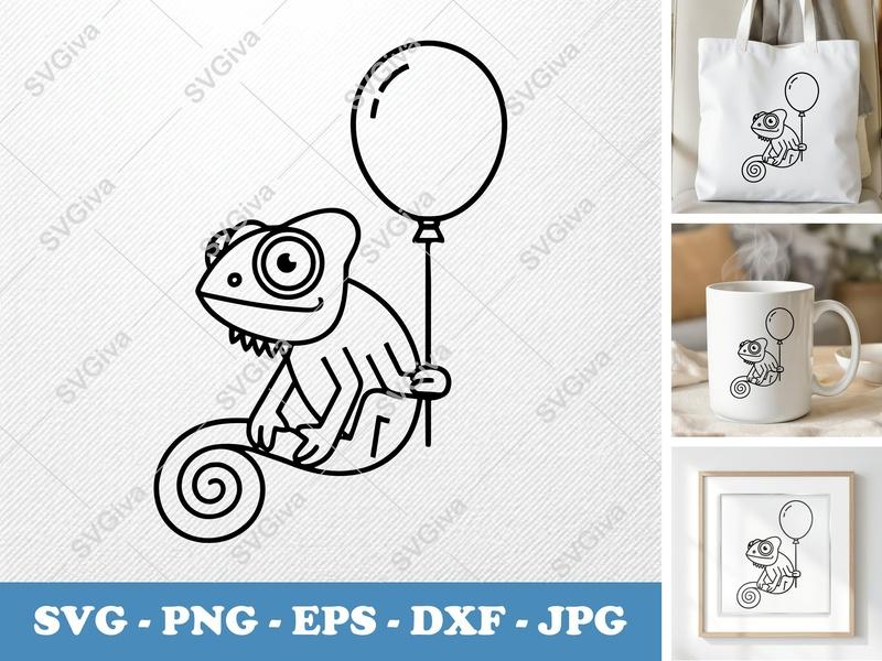 Chameleon with Balloon SVG | Minimalist Vector Cut File | PNG DXF EPS | Cricut Silhouette Design | Nature Art