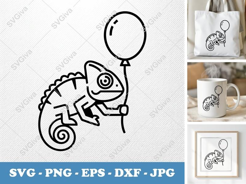 Chameleon with Balloon SVG | Outline Minimalist Design | PNG DXF EPS | Cricut Silhouette Cut File