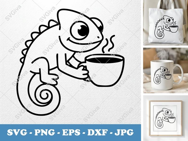 Chameleon with Coffee Cup SVG | PNG DXF EPS Cut File | Cricut Silhouette | Animal Drink Art