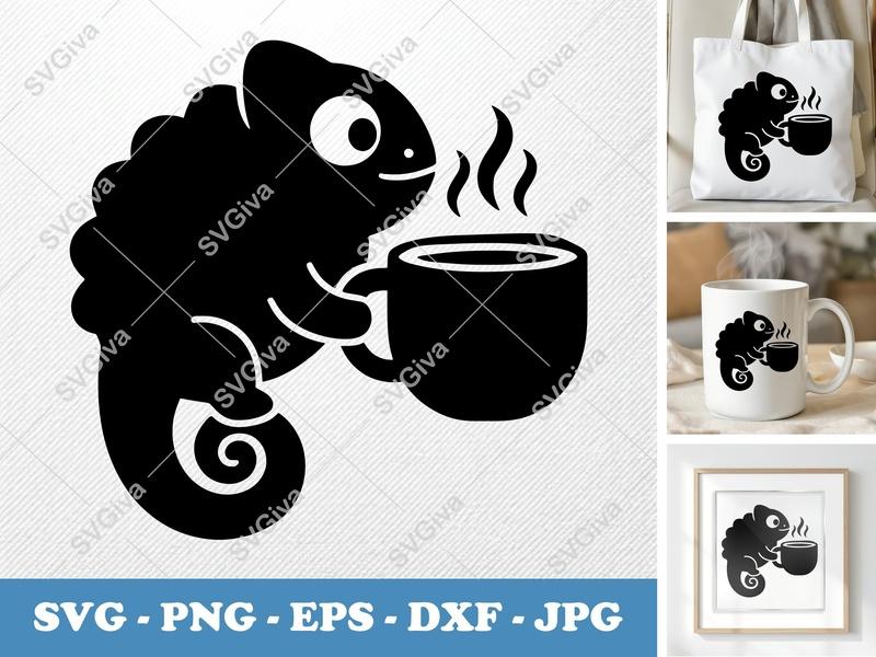 Chameleon with Coffee Cup SVG PNG DXF EPS | Drink Cut File Cricut Silhouette
