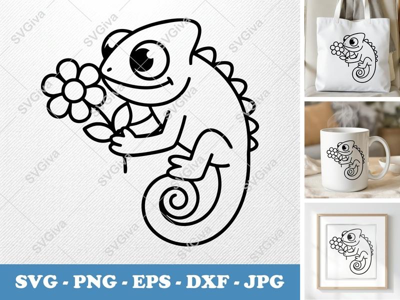 Chameleon with Flower SVG PNG DXF EPS | Cricut Silhouette Cut File | Reptile Animal Nature