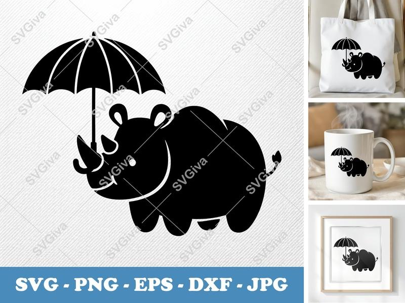 Charming Rhino SVG & PNG, DXF, EPS | Cute Umbrella Rhino Clipart for Cricut & Silhouette Crafts